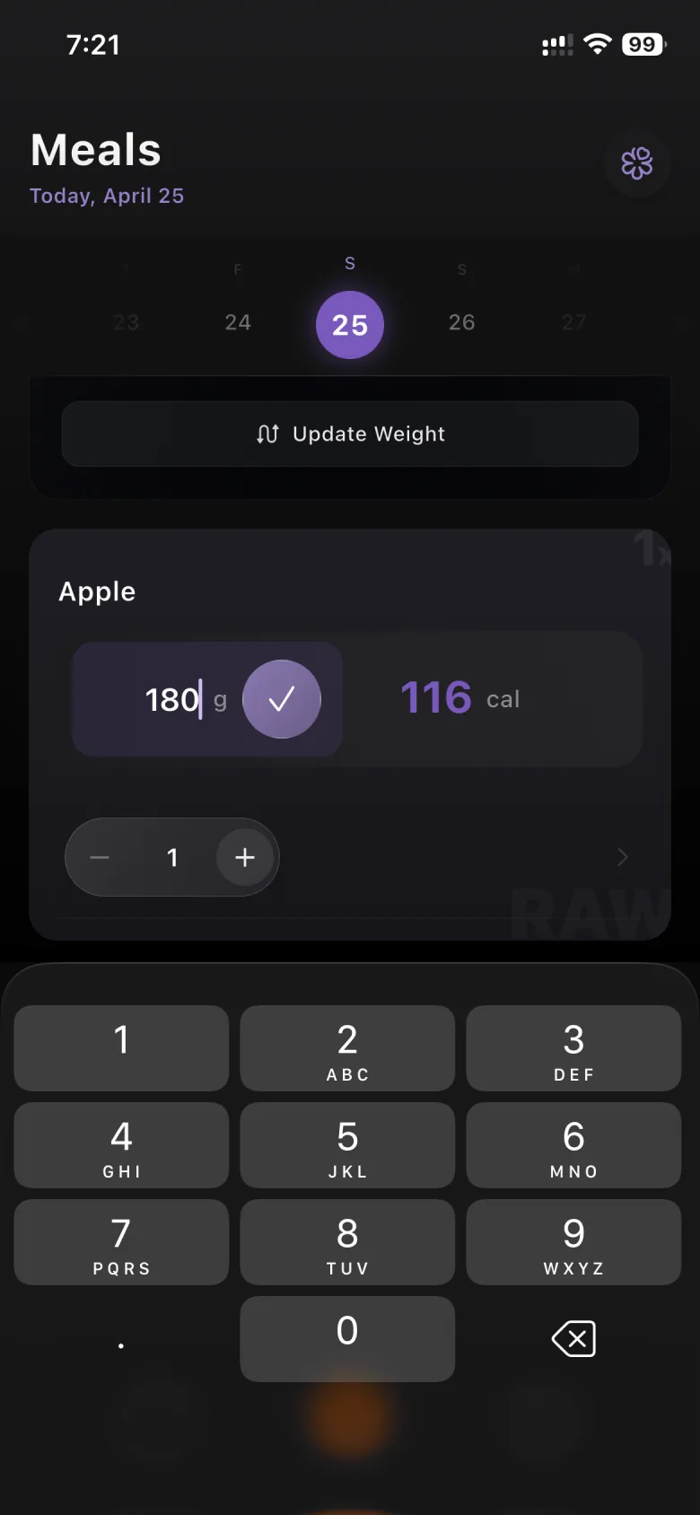 Getter screen showing an Apple entry with 180 g weight being edited
