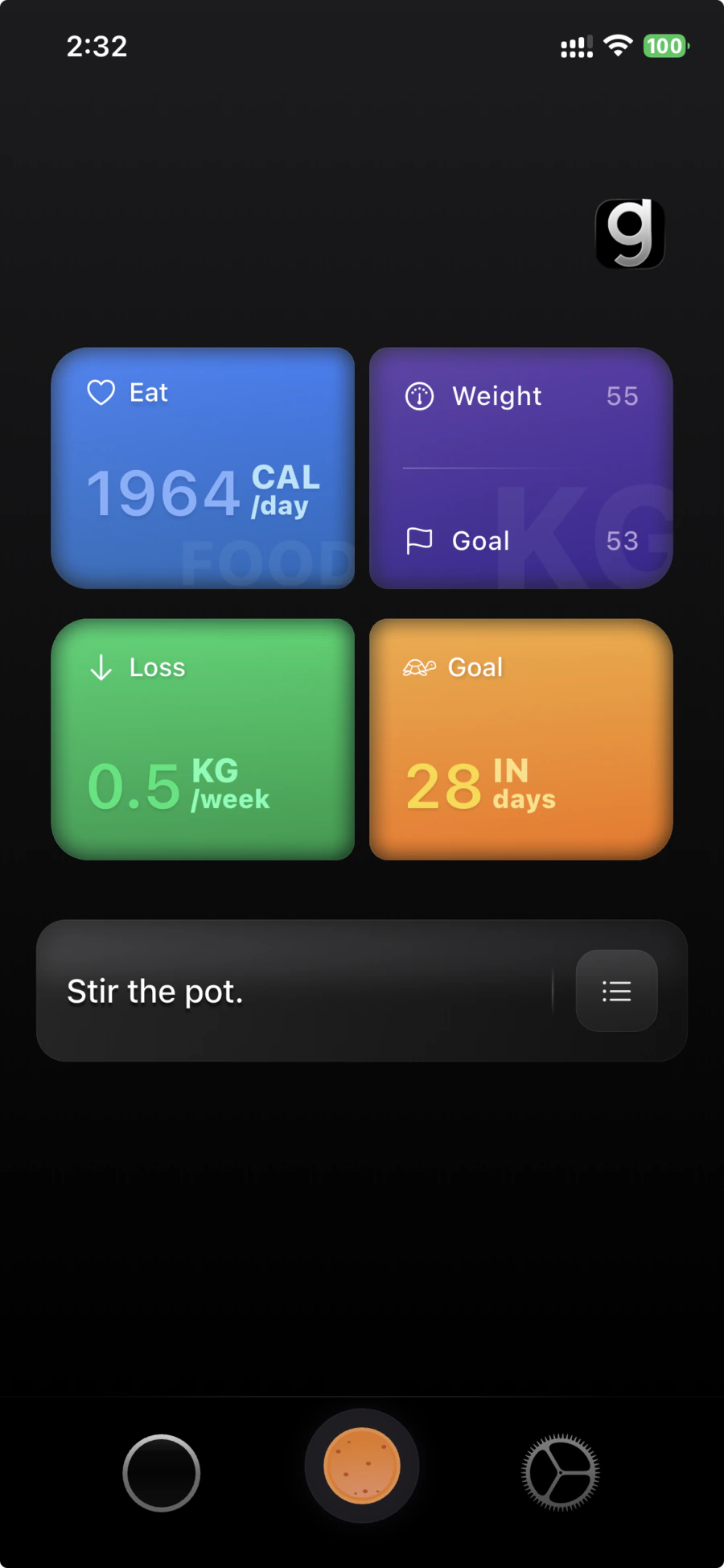 Getter home screen showing a calm daily dashboard for food, weight, and goal awareness